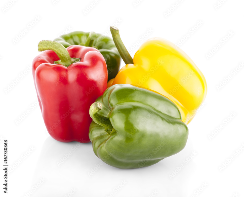 Fresh vegetables Three sweet Red, Yellow, Green Peppers isolated on white background.. Fresh vegetables Three sweet Red, Yellow, Green Peppers isolated on white background..