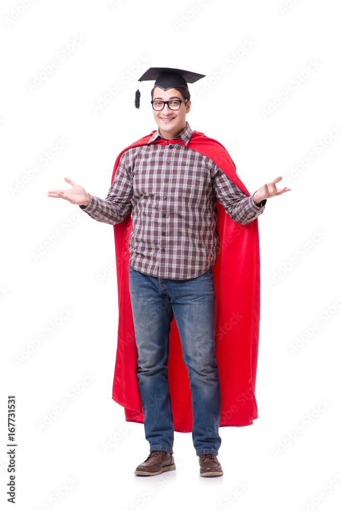 Super hero student graduating wearing mortar board cap isolated 