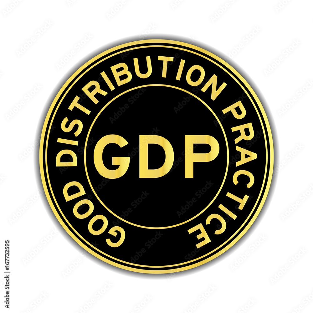 Black and gold color of GDP (Good distribution practice) round sticker on white background