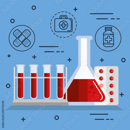 Blood flask and testing tubes with hand drawn medical objects over blue background vector illustration