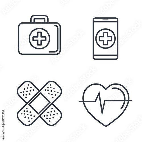 Flat line uncolored medical related objects over white background vector illustration