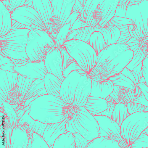 Beautiful monochrome, blue and pink seamless pattern with lilies. Hand-drawn contour lines.