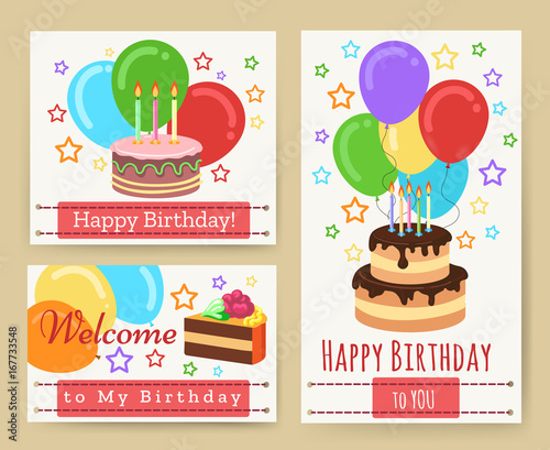 Birthday greeting card templates with cake and candles vector illustration. Celebration party invitation cards for kids. Vector illustration