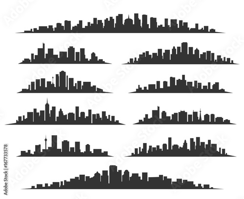 Fototapeta Urban cityscape silhouettes vector illustration. Night town skyline or black city buildings isolated on white background