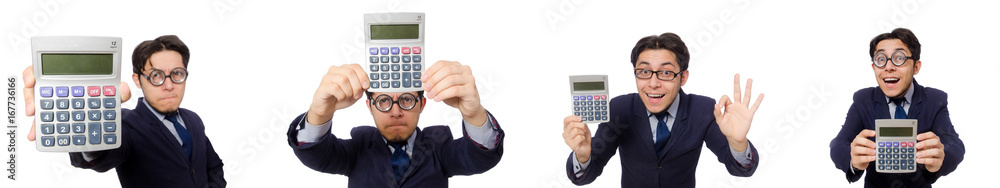 Funny man with calculator isolated on white Funny man with calculator isolated on white