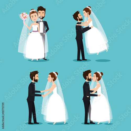 bride and groom set wedding couples romantic vector illustration