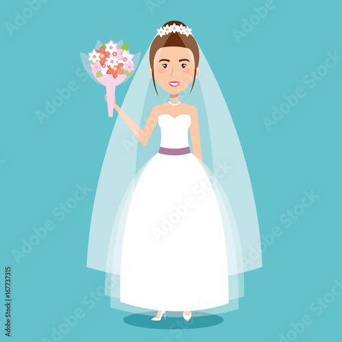 beautiful bride in a wedding dress and bouquet celebration vector illustration