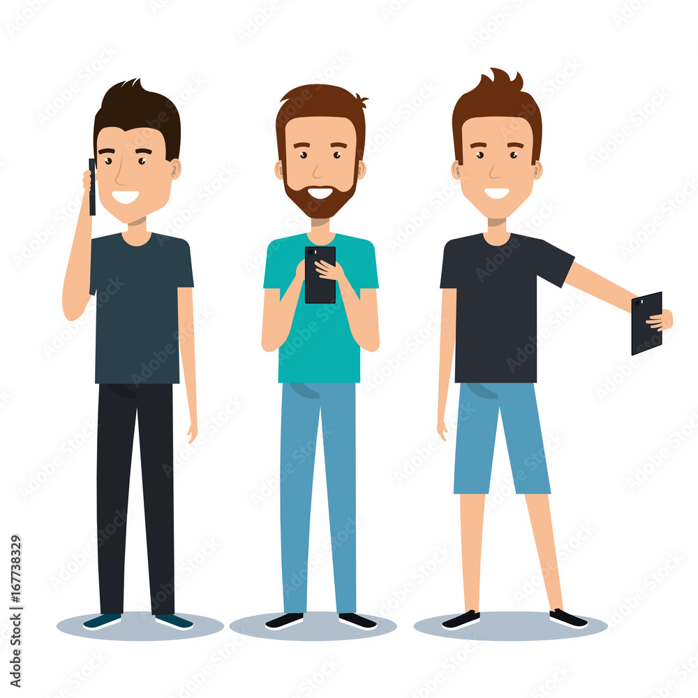 group of different young using mobile phones socializing on internet vector illustration