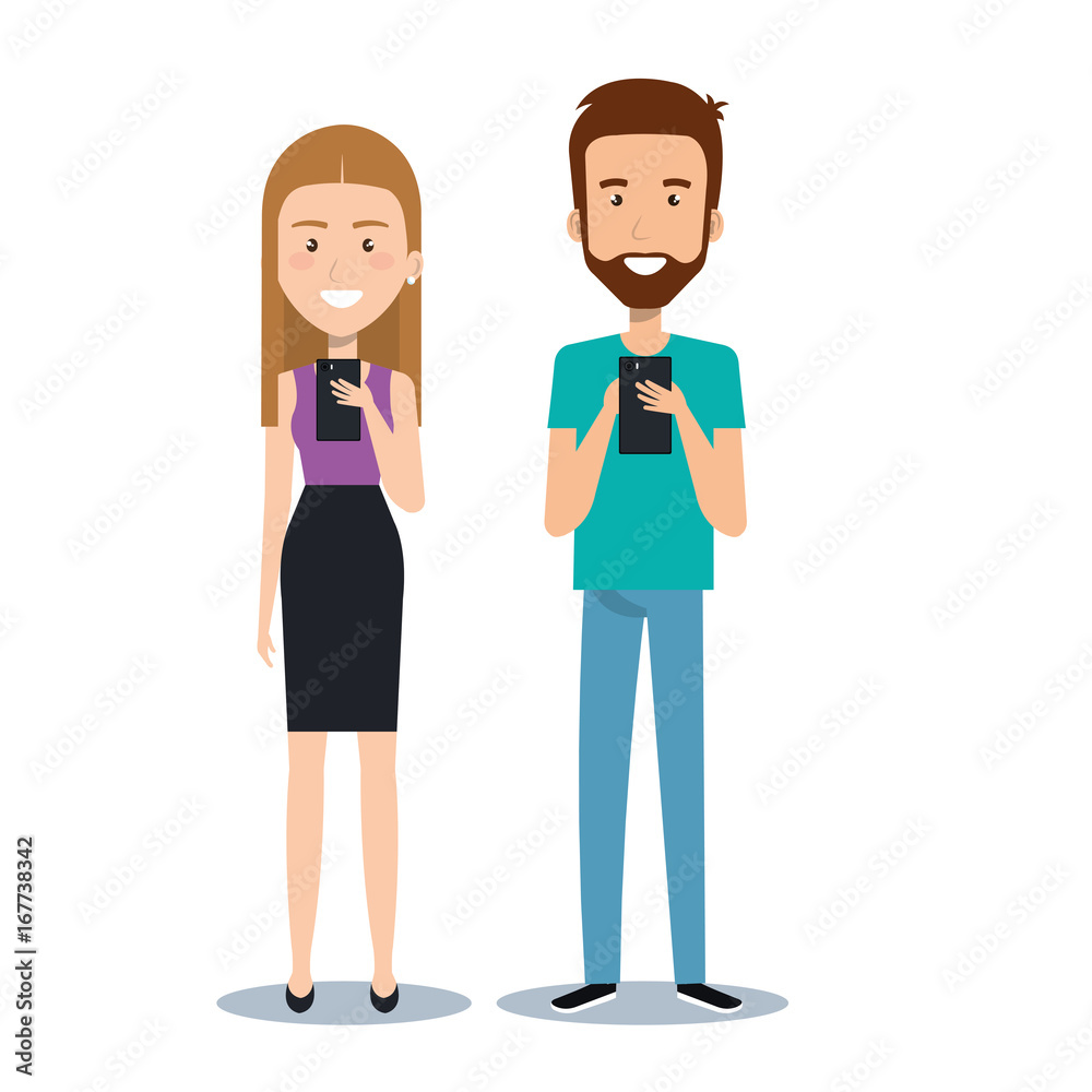 young man and woman holding smartphone using by mobile phone cartoon vector illustration