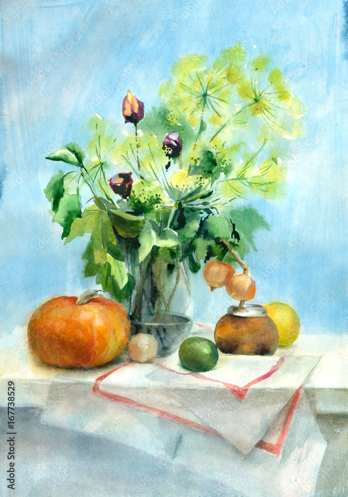 Naklejka premium Watercolor painting. Still life with pumpkin and green bouquet in vase.