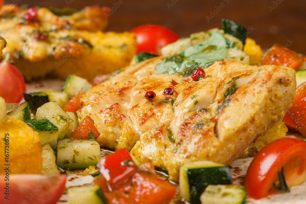 Grilled fish steak with stewed vegetables. Grilled fish steak with stewed vegetables.