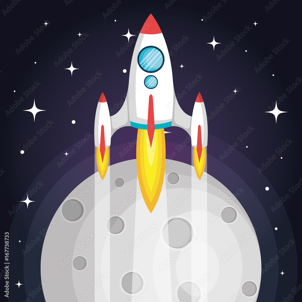 space rocket flying in space with moon and stars vector illustration space rocket flying in space with moon and stars vector illustration