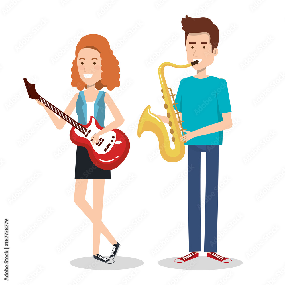 couple musicians playing musical instruments vector illustration couple musicians playing musical instruments vector illustration