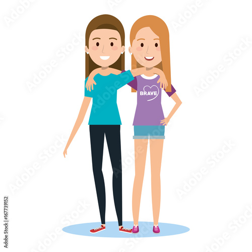 two lovely happy best friends girls hugging vector illustration