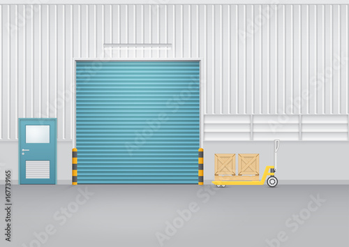 Storefront or shopfront is a facade or commercial building. Exterior with door and floor or entryway for retail shop or store. Protection with security shutter or roller door. Vector illustration.
