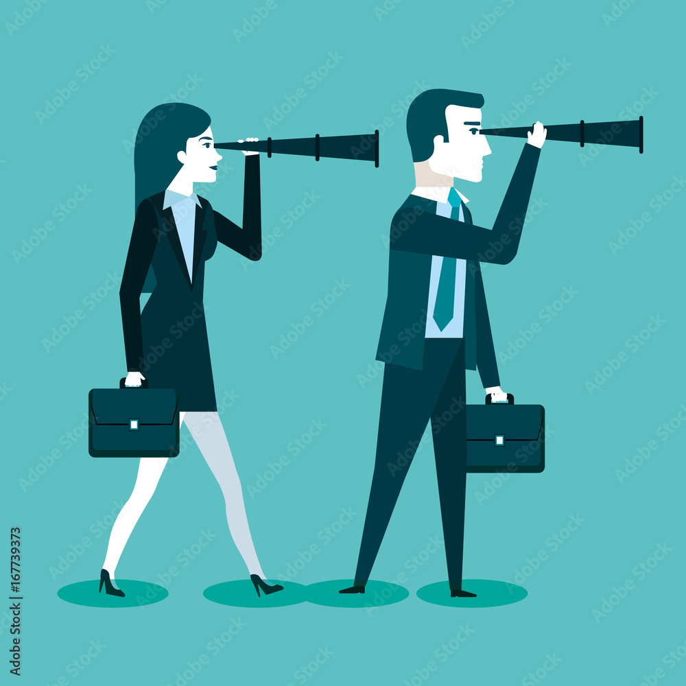 businessman and business woman with spy glasses for successful cooperation vector illustration businessman and business woman with spy glasses for successful cooperation vector illustration