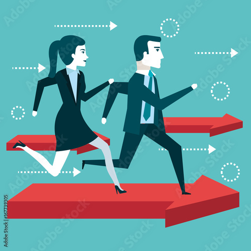 business people man and woman running financial arrow success vector illustration