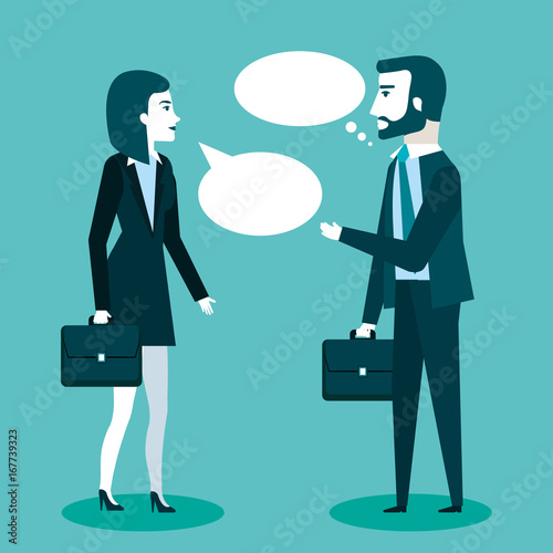 two business professionals colleagues man and woman talking discussing a project vector illustration