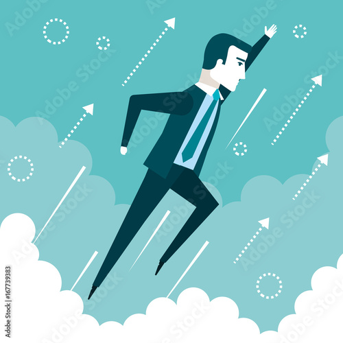 successful businessman flying in the sky success growth business concept