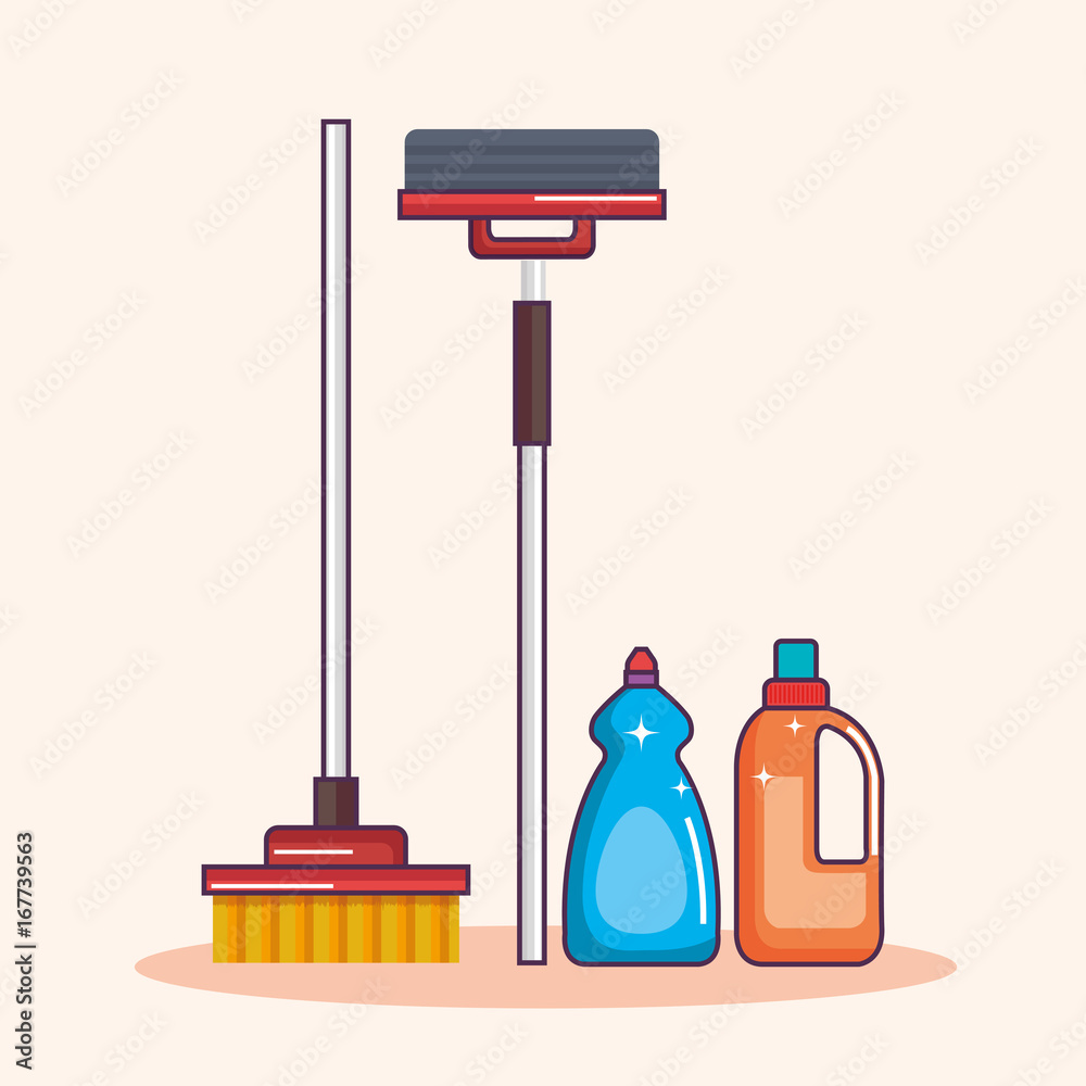 Fototapeta premium laundry equipment clear broom mop detergent vector illustration