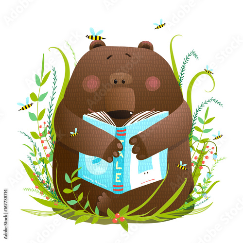 Bear cub reading book cute cartoon