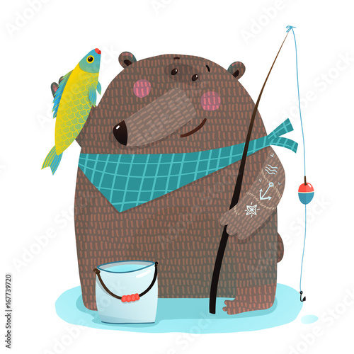 Bear fisherman with fishing rod catching fish
