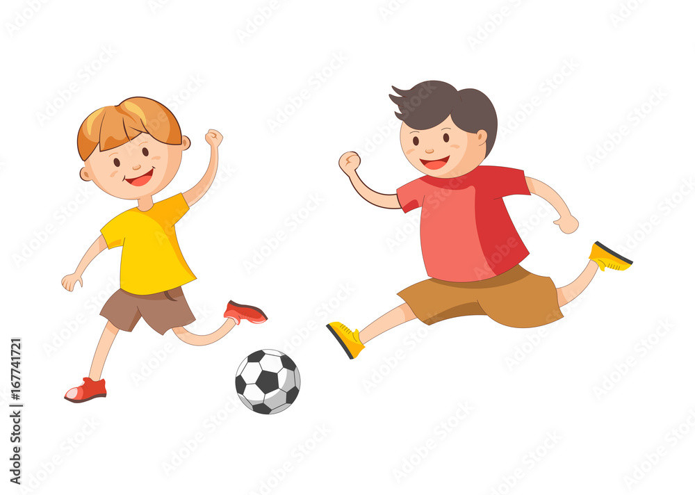 Little cheerful boys plays football isolated cartoon illustration