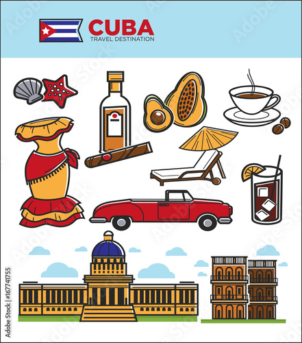 Cuba travel landmarks symbols and tourist sightseeing vector icons