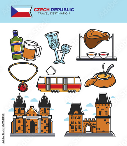 Photography Czech travel tourism landmarks and culture famous sightseeing vector icons set