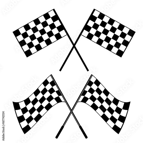 Crossed black and white checkered flags logo conceptual of motor sport, isolated on white