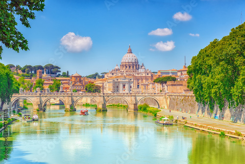 View on Bridge Vittorio Emanuele II (Ponte Vittorio Emanuele II) and Vatican city St. Peter's Basilica (Basilica di San Pietro) . Rome. Italy.