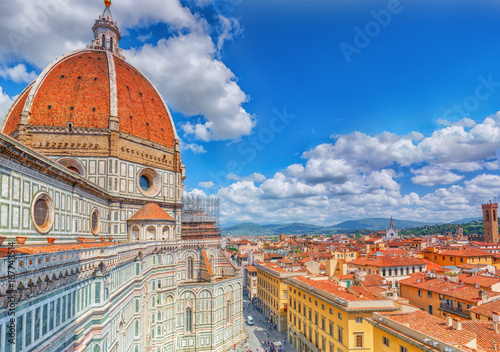 Above view Santa Maria del Fiore (Cattedrale di Santa Maria del Fiore) in Florence, most famous of the architectural edifice of the Florentine Quattrocento. Italy. photo