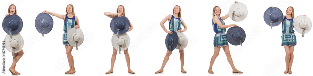 Naklejka premium Collage of woman with panama hat isolated on white