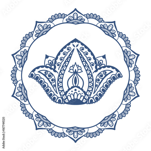 Hand drawn Lotus with mandala. Oriental ornaments for greeting card, invitation, yoga poster, coloring book.