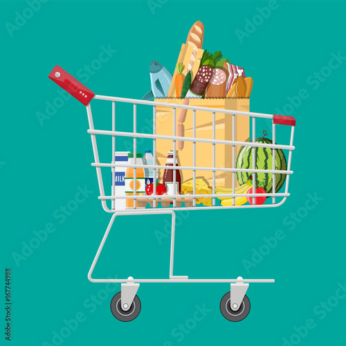 Shopping cart full of groceries products