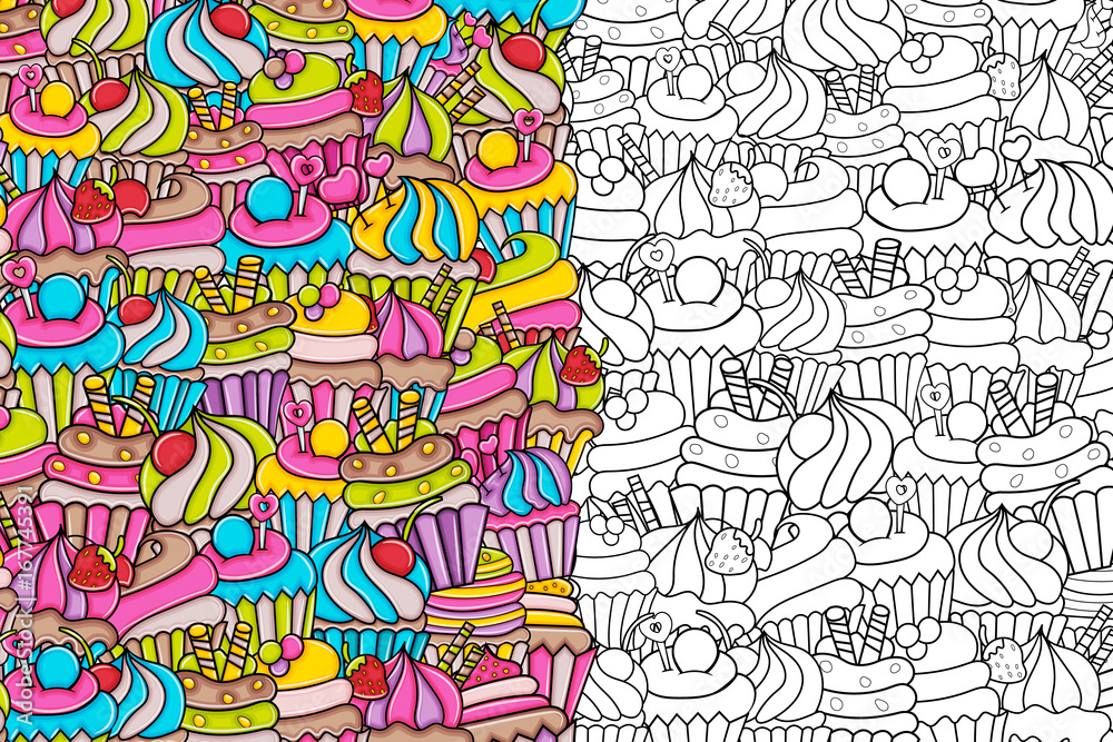 Cupcake cartoon doodle outline design. Cute black and white lineart background concept for birthday or party decoration, greeting card, banner, flyer, brochure. Hand drawn vector illustration. Cupcake cartoon doodle outline design. Cute black and white lineart background concept for birthday or party decoration, greeting card, banner, flyer, brochure. Hand drawn vector illustration.