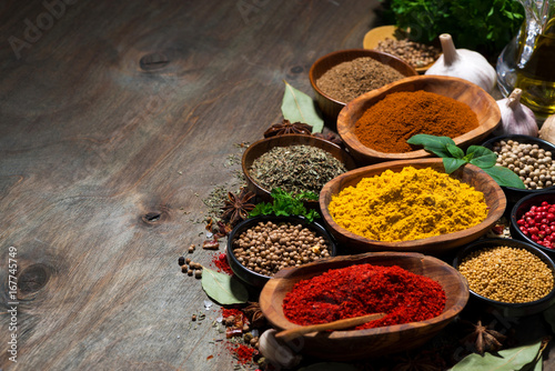 assortment of oriental spices on a wooden background