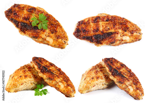 set of grilled chicken fillet isolated on white background. collection. large resolution