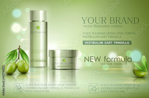 Vector glass jar on bokeh background with green olives  . Element for modern design, advertising for sales, template cosmetic face cream, body. Realistic 3d illustration.