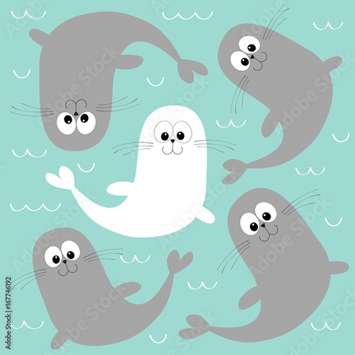 Sea lion. White harp seal pup. Cute cartoon character. Happy animal collection. Sea ocean water. Mother and baby family. Blue wave background. Flat design
