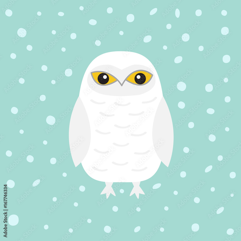 Obraz premium White Snowy owl. Sitting bird with wings. Snow barn. Yellow eyes. Arctic Polar animal collection. Baby education. Flat design. Isolated. Blue winter background with snow flake.