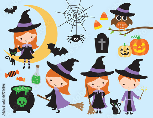Cute halloween vector with little witch and wizard, black cat, spider, owl, pumpkin, bat and other halloween graphic elements.