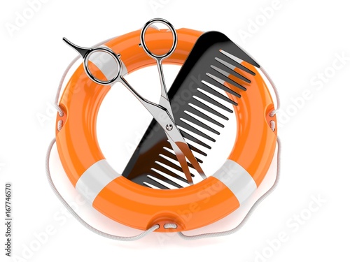 Obraz na płótnie Barber scissors with comber with life buoy