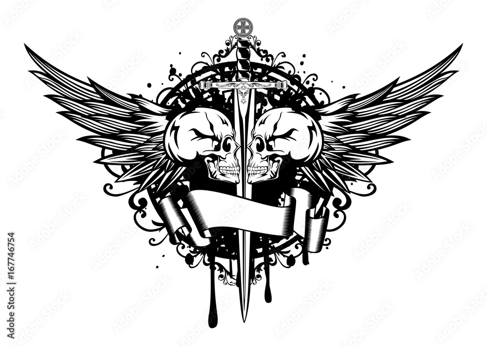 Two skulls, wings and sword