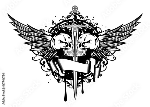 Two skulls, wings and sword