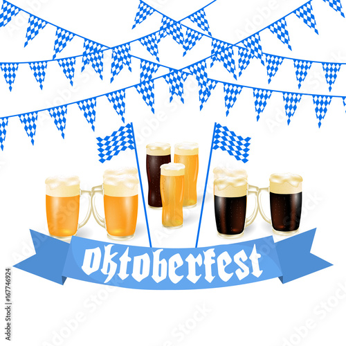 Oktoberfest banners in Bavarian color. Light and dark beer. Feast of Bavaria white and blue ribbon Oktoberfest. illustration