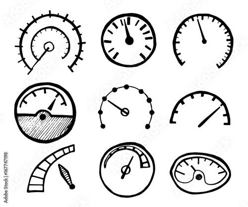 Collection of Hand Drawn Speedometer Icons Isolated on White Background.
