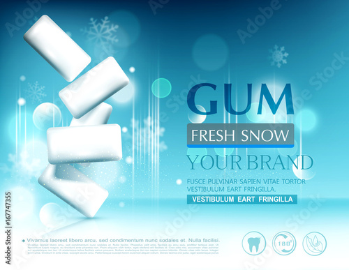Blue vector.  Chewing gum on background of snowflakes and bokeh. Element for modern design, advertising for sales, template brochures, flyers. Realistic 3d illustration.
