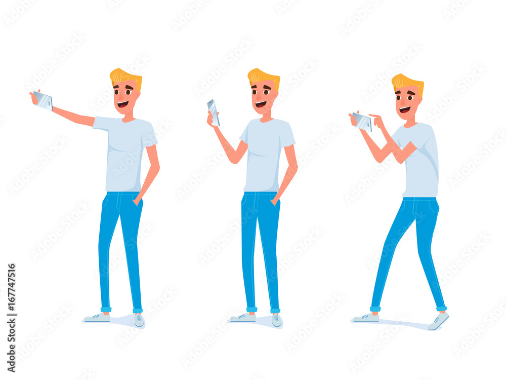 Set of young man character design. Young man taking photos with smart phone in various poses. Set of young man character design. Young man taking photos with smart phone in various poses.