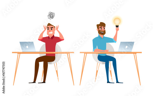 Two businessman are different have idea and have no idea. Angry, stress at work and positive businessmen.